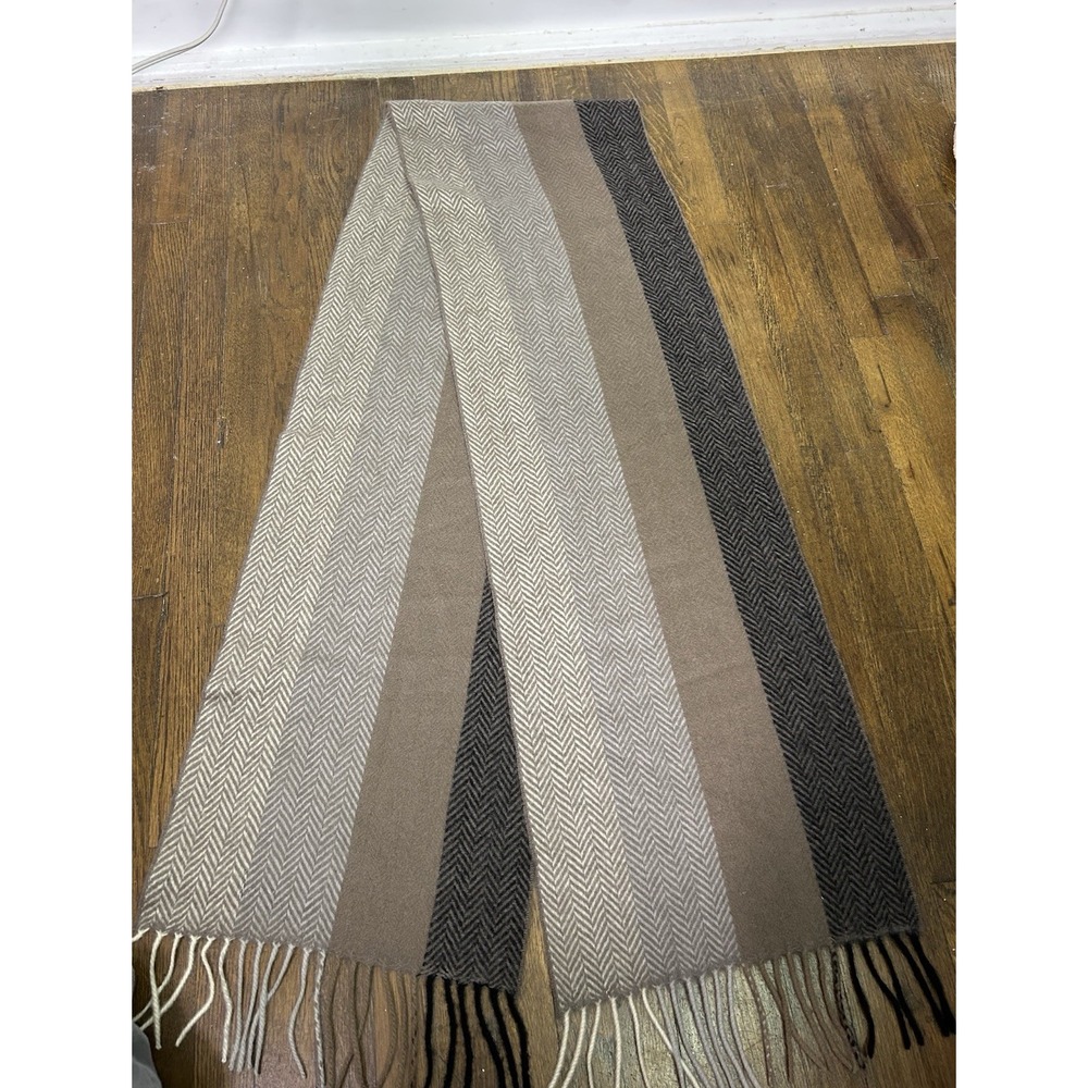 100% Cashmere striped herringbone-pattern winter scarf earth-toned Fringe Accent